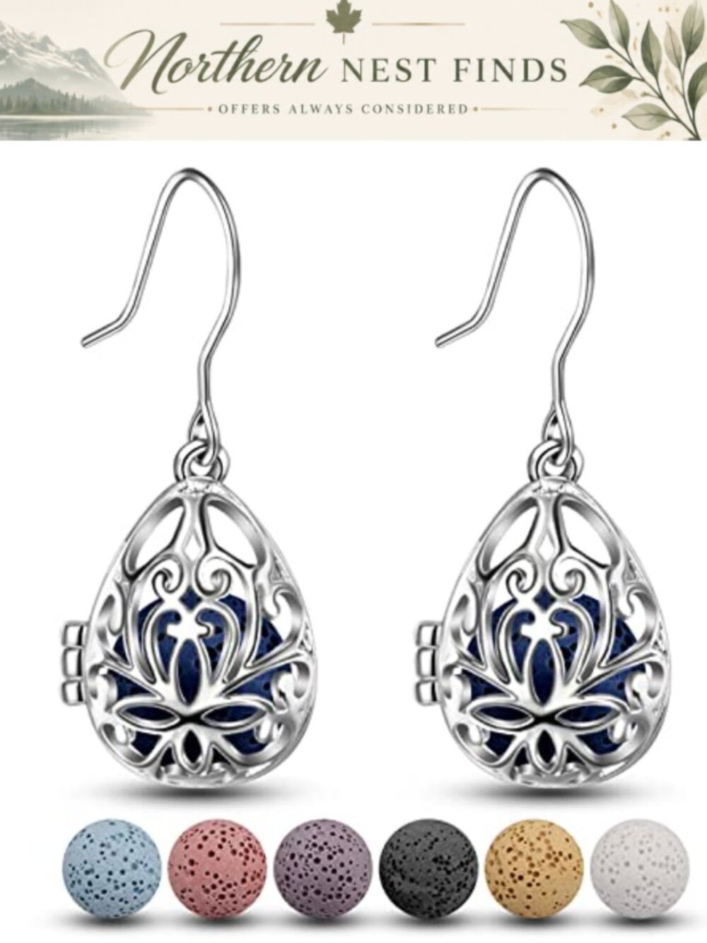 Lava Stone Diffuser Dangle Earrings Silver Plated Copper Essential Oil